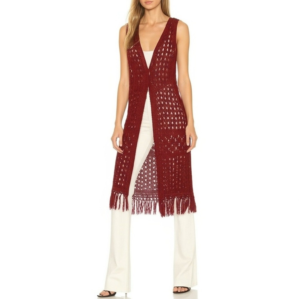 Cardigan Womens Medium Burgundy Open Knit Fringe Hem Sleeveless Boho Knit